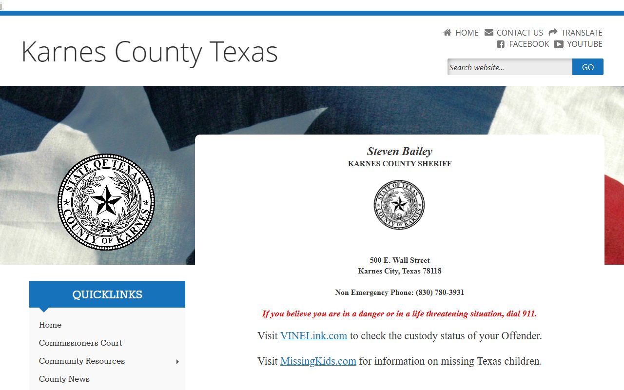 Karnes County Sheriff's Office page showing jail contact and VINELink referral