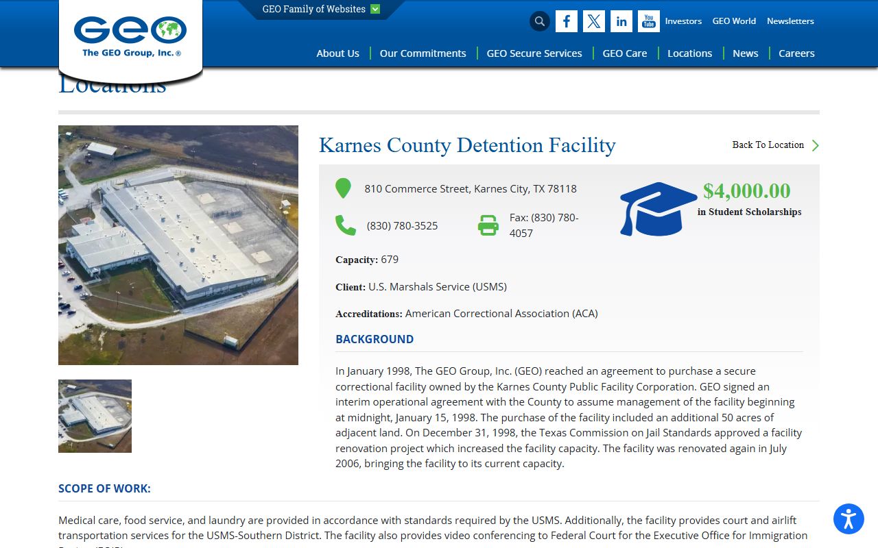 GEO page for Karnes County Detention Facility with address, phone, capacity, and USMS client information