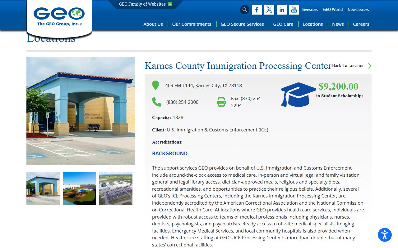 GEO page for Karnes County Immigration Processing Center showing address, phone, ICE client, and capacity