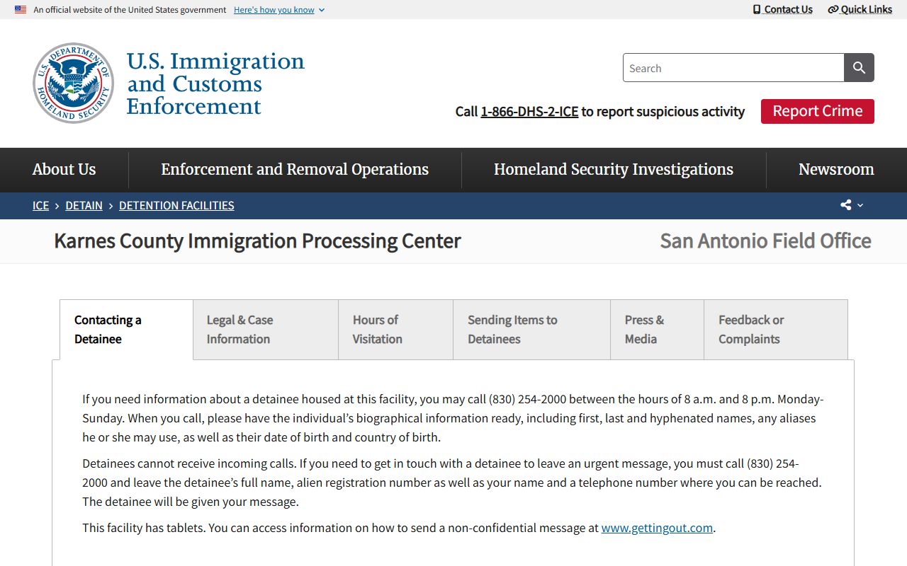 ICE Karnes County Immigration Processing Center page for detainee inquiry and facility rules