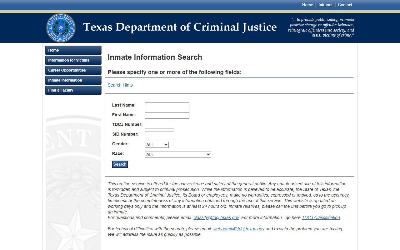 Karnes County inmate population TDCJ locator search fields